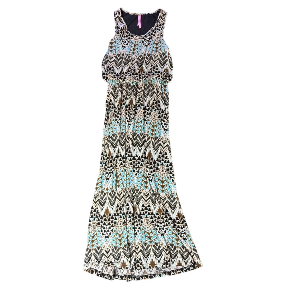 MAGIC Maxi Dress Geometric‎ Print Teal Brown Black Sleeveless Women's Size L